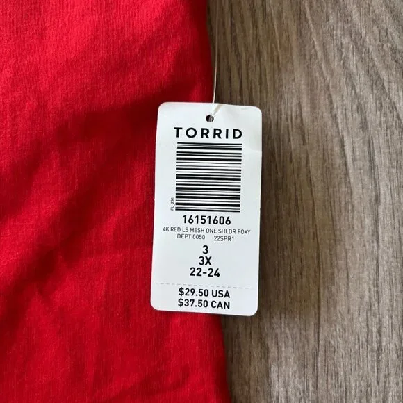 NWT Torrid Foxy One Shoulder Mesh Sleeve Red Top Womens Size 3X Bodycon Bold - Picture 3 of 11